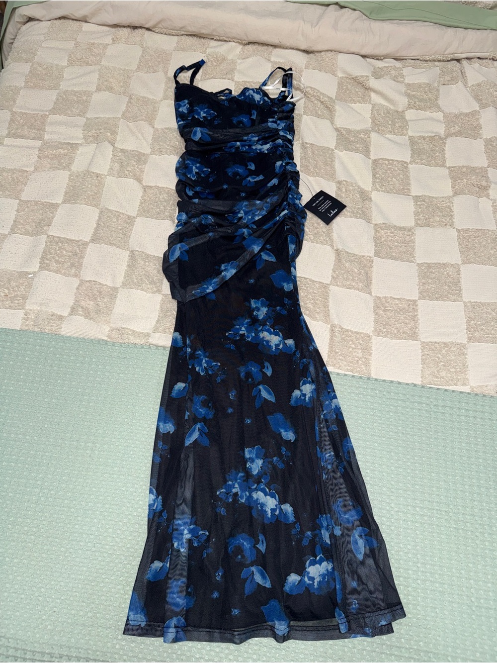 NWT Lulus Flirty Phenomena Black Floral Mesh Drop Waist Maxi Dress size XS